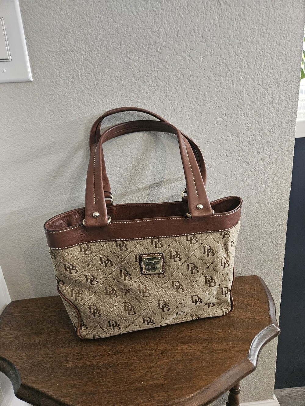 Tan and Brown Monogram Dooney & Bourke Purse with Top Handles